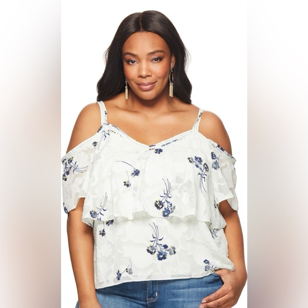 Lucky Brand light mint color Floral Burnout Cold Shoulder Ruffle Top 2X New